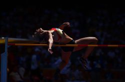 A high jumper competes at Beijing's Birds Nest on August 15.